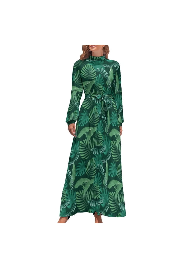 Tropical Leaves Dress Elegant Palm Leaf Print Stylish Boho Beach Dresses Women Long Sleeve High Neck Sexy Long Maxi Dress