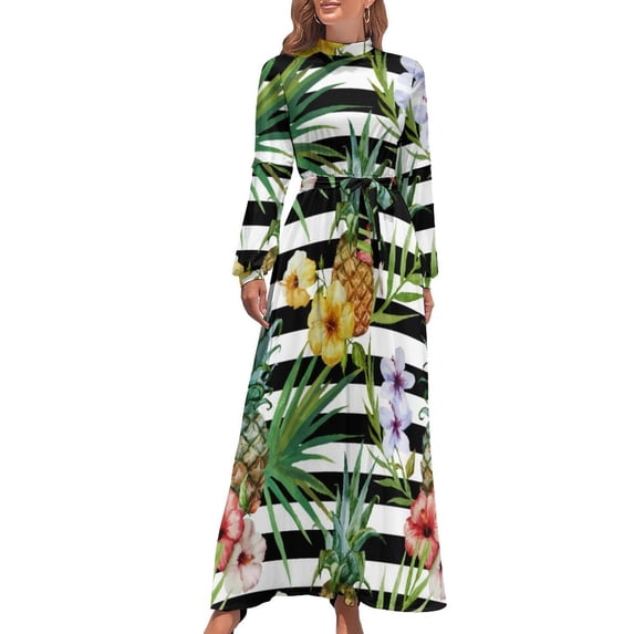 Tropical Leaves Dress Elegant Palm Leaf Print Stylish Boho Beach Dresses Women Long Sleeve High Neck Sexy Long Maxi Dress