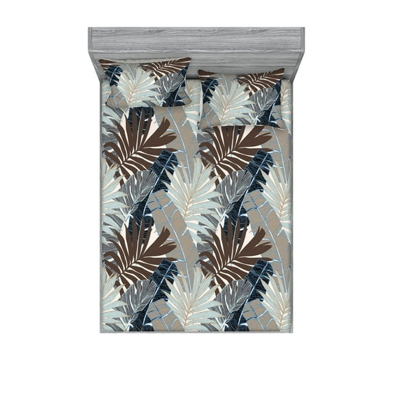 Tropical Leaves Fitted Sheet & Pillow Sham Set, Aloha Hawaii Vibes Leafy Pattern with Neutral Colors Boho Art, Decorative Printed 3 Piece Bedding Decor, King, Almond Green Warm Taupe, by Ambesonne
