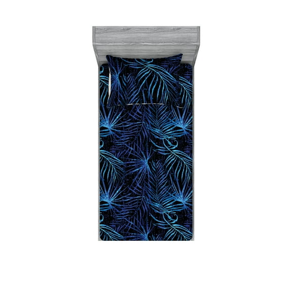 Tropical Leaves Fitted Sheet & Pillow Sham Set, Aquatic Colors Exotic Leafy Pattern with Grunge Dots Print Boho, Decorative Printed 2 Piece Bedding Decor, Twin, Dark Lavender Indigo, by Ambesonne