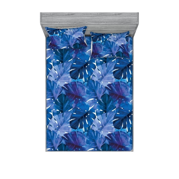 Tropical Leaves Fitted Sheet & Pillow Sham Set, Retro Wave Colors Monstera Palm Tree Leaves Neutral Boho Print, Decorative Printed 3 Piece Bedding Decor, Full, Dark Lavender Indigo, by Ambesonne
