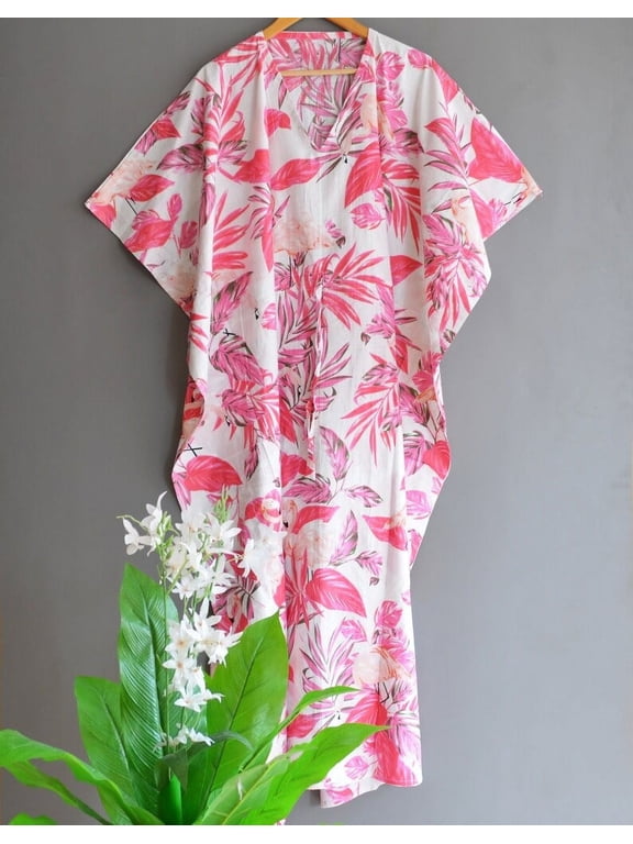 Tropical Leaves Flamingo Print Cotton Fabric Indian Kaftan Dress Long Top Caftan, Dress Beach Wear Cover up, Printed Sleepwear Maxi Dress Boho Kimono Robe