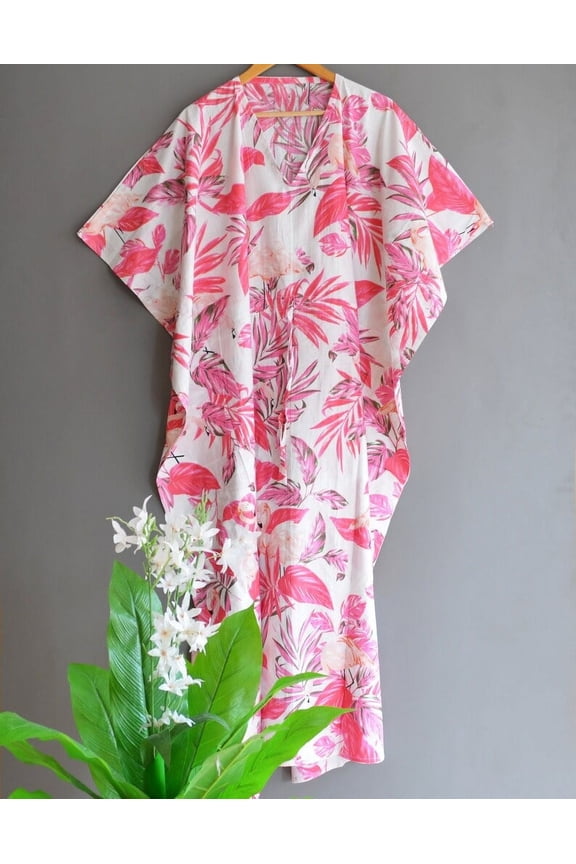 Tropical Leaves Flamingo Print Cotton Fabric Indian Kaftan Dress Long Top Caftan, Dress Beach Wear Cover up, Printed Sleepwear Maxi Dress Boho Kimono Robe