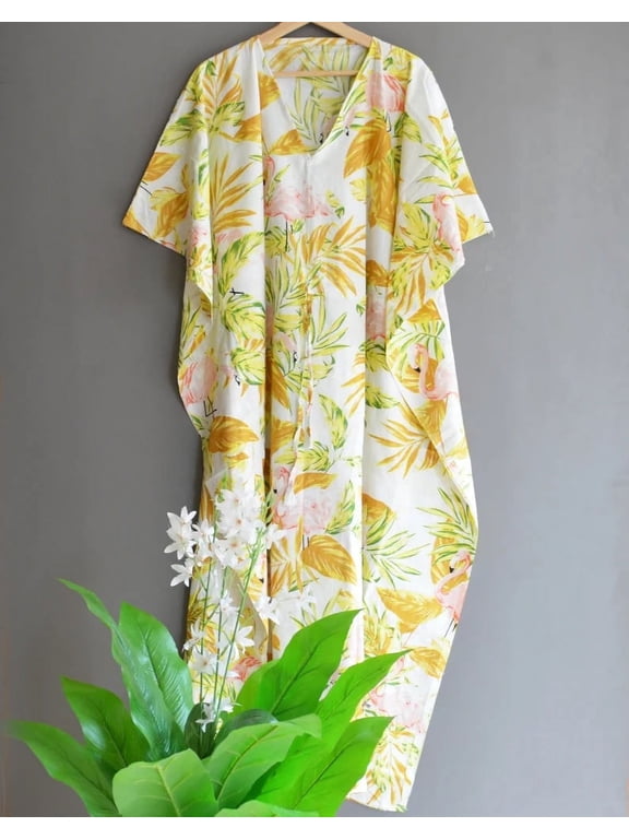 Tropical Leaves Flamingo Print Cotton Fabric Indian Kaftan Dress Long Top Caftan, Dress Beach Wear Cover up, Printed Sleepwear Maxi Dress Boho Kimono Robe