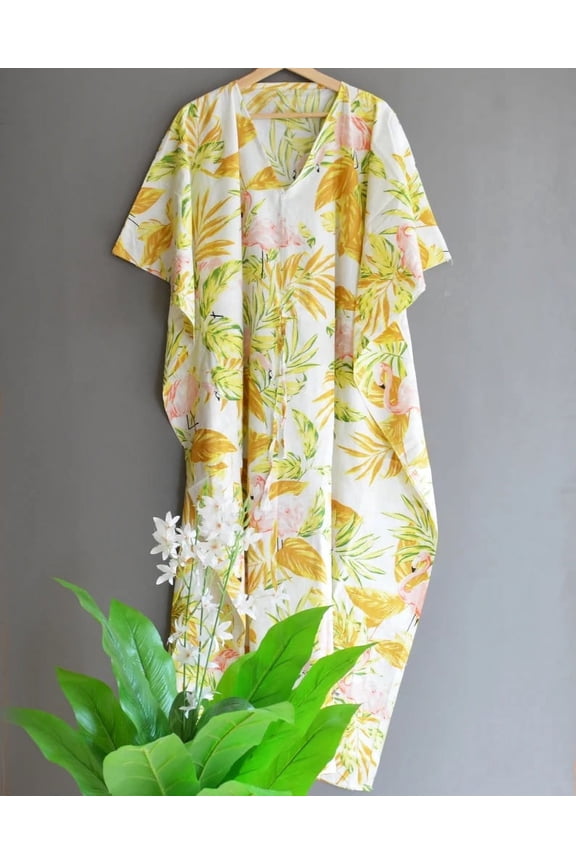 Tropical Leaves Flamingo Print Cotton Fabric Indian Kaftan Dress Long Top Caftan, Dress Beach Wear Cover up, Printed Sleepwear Maxi Dress Boho Kimono Robe