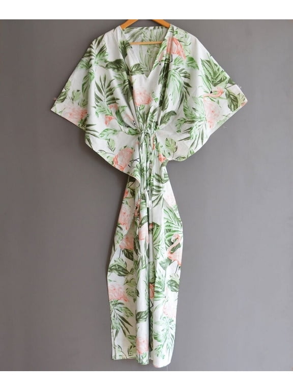 Tropical Leaves Flamingo Print Cotton Fabric Indian Kaftan Dress Long Top Caftan, Dress Beach Wear Cover up, Printed Sleepwear Maxi Dress Boho Kimono Robe