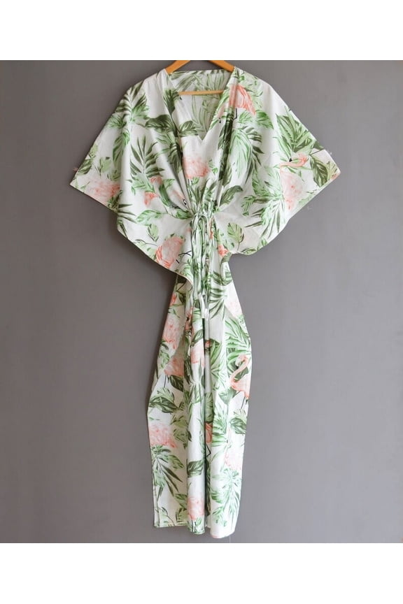 Tropical Leaves Flamingo Print Cotton Fabric Indian Kaftan Dress Long Top Caftan, Dress Beach Wear Cover up, Printed Sleepwear Maxi Dress Boho Kimono Robe