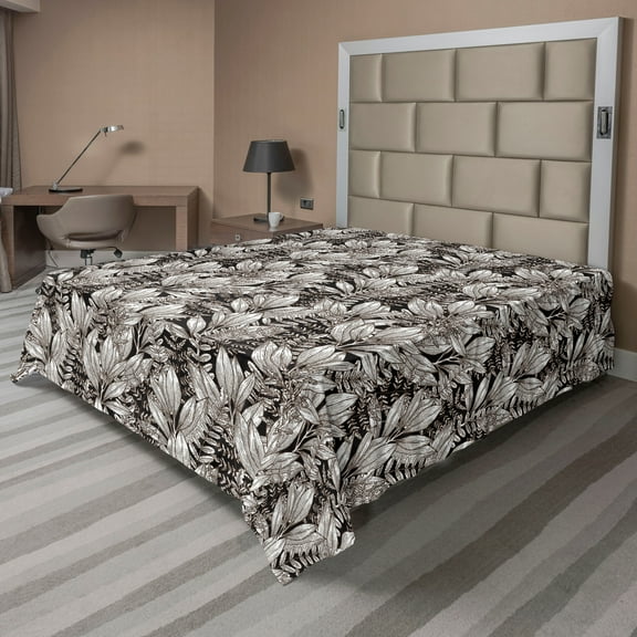 Ambesonne Tropical Leaves Flat Bedding Sheet Soft Top Sheet, Boho Jungle Exotic, Full, White Charcoal Grey