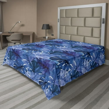 Tropical Leaves Flat Sheet, Retro Wave Colors Monstera Palm Tree Leaves Neutral Boho Print, Soft & Comfy Top Sheet Decorative Bedding 1 Piece, California King, Dark Lavender Indigo, by Ambesonne