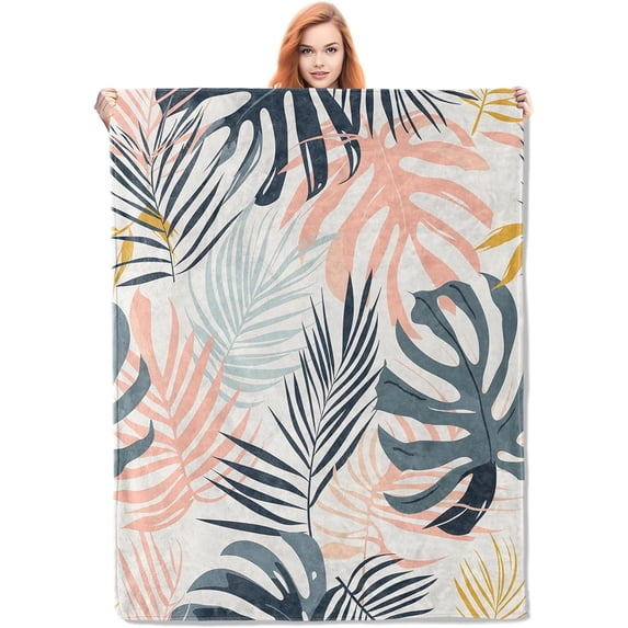 Tropical Leaves Fleece Blanket Gifts for Adults and Kids, Colorful Botanical Cozy Throw Blanket, Soft Warm Plush Boho Blanket for Home Decor, 60x80 Inches