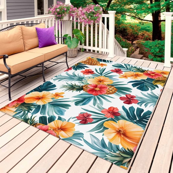 Tropical Leaves Floral Outdoor Rug 5x7 Ft, Non Slip Washable Area Rug, Summer Pineapple Flowers Patio Rugs Carpet Runner, Large Floor Mat for Indoor/Outdoor Deck Porch Camping