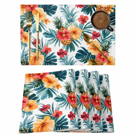 Tropical Leaves Floral Placemats Set of 12 Summer Pineapple Flowers Place Mats Indoor Wipeable Table Mats Washable Cloth Dining Table Placemats for Kitchen Holiday Party Home Decor 13x19 Inch