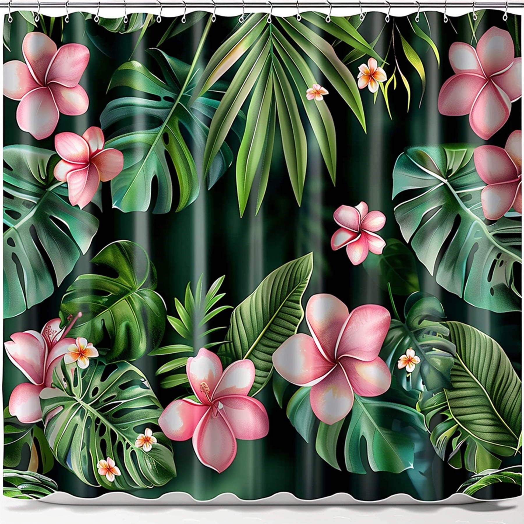 Tropical Leaves & Flowers Shower Curtain Set Pink Plumeria Monstera