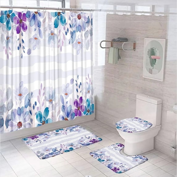 Tropical Leaves Flowers Shower Curtain with Waterproof Fabric Plant Floral Bathroom Curtain Bath Mat Sets Home Decoration