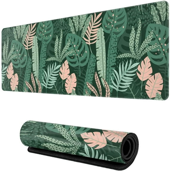 Tropical Leaves Gaming Mouse Pad XL, Extended Large Full Desk Mousepad 31.5x11.8 Inch, Waterproof Big with Stitched Edge, Non-Slip Long Keyboard Mat for Office & Home Caburywe, X-Large