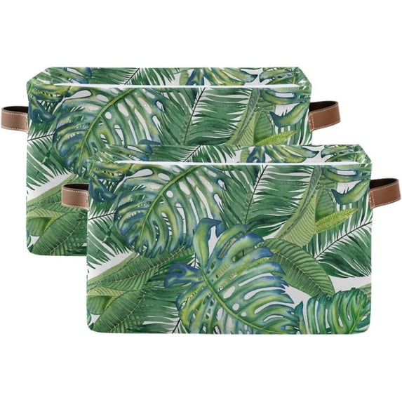 Tropical Leaves Green Plant Square Storage Basket Storage Bins Canvas Storage Organizer Closet Shelf Organizer for Home Office, 2 Pc