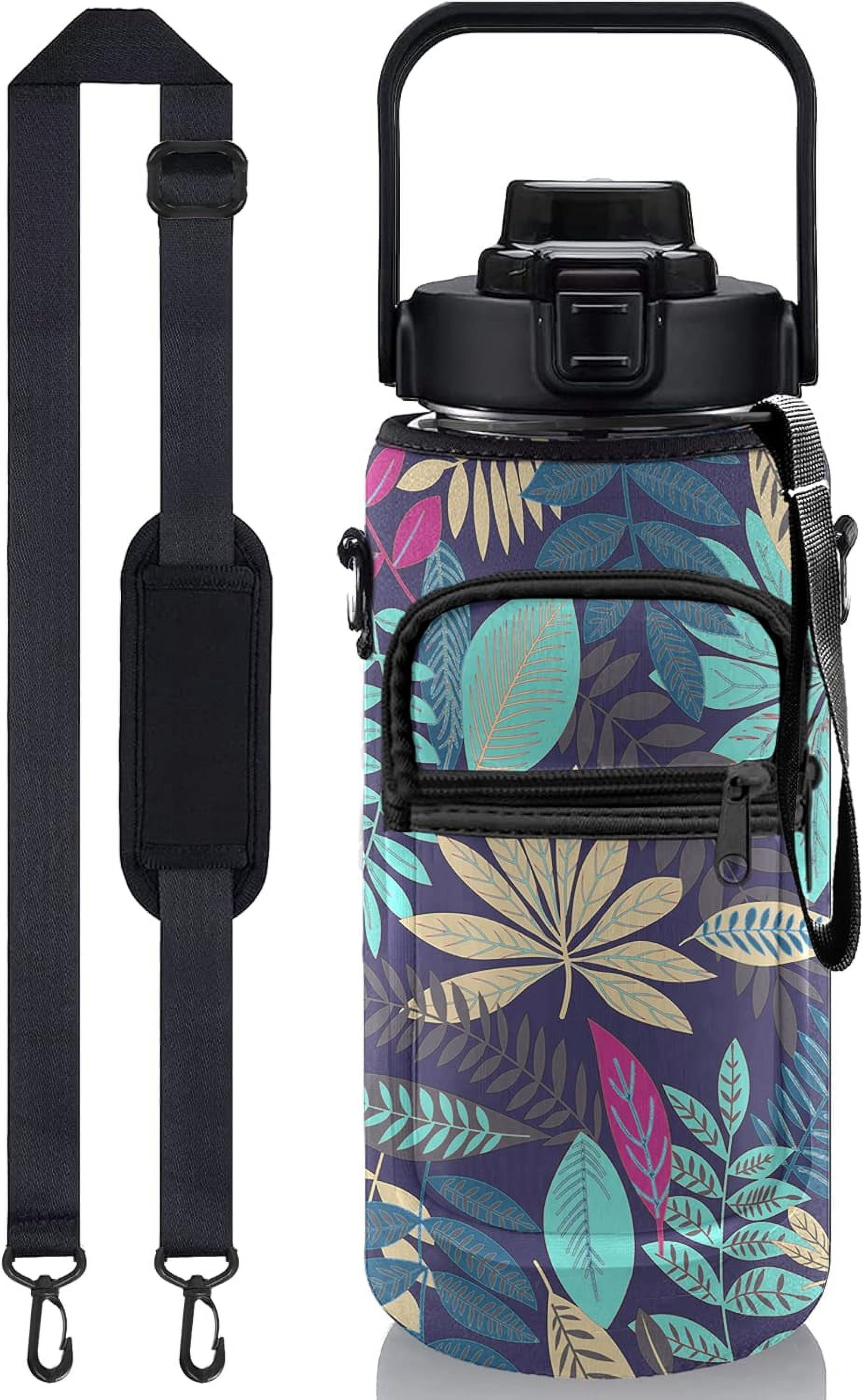 Tropical Leaves Half Gallon Water Bottle with Sleeve 1/2 Gallon Water Bottle 64 Oz Water Bottle with Time Marker, Motivational Water Bottle Half Gallon Water Bottle with Straw for Women Gym Pregnance
