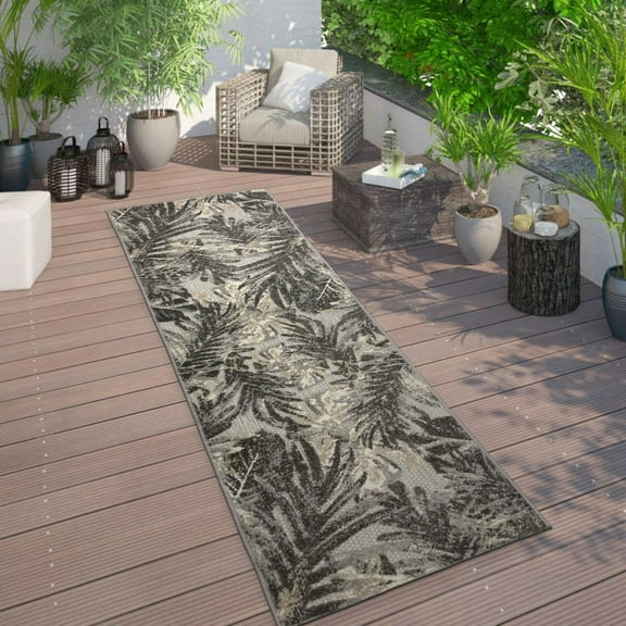 Tropical Leaves Indoor/Outdoor Gray 2'x7' Runner Rug