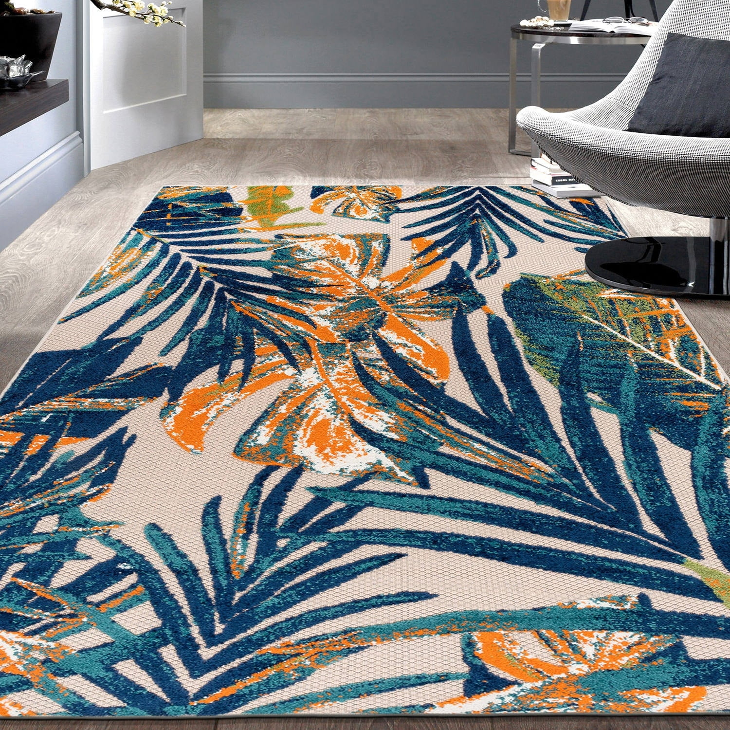 Tropical Floral Leaves Multi 7'10" x 10' Indoor/Outdoor Area Rug