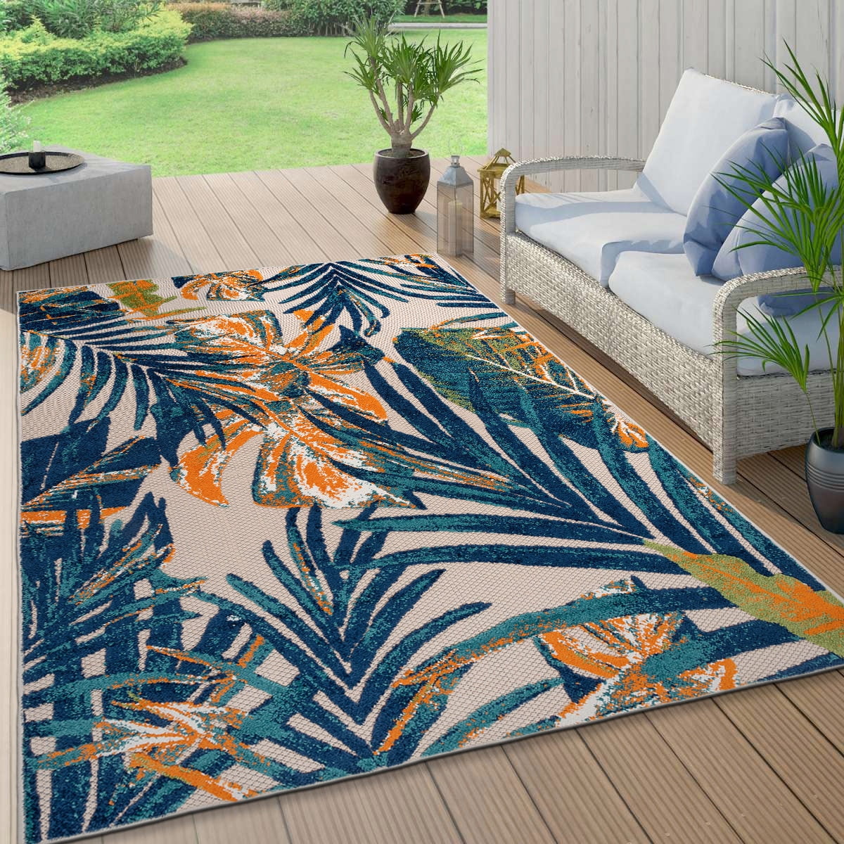 Tropical Floral Leaves Multi 7'10" x 10' Indoor/Outdoor Area Rug