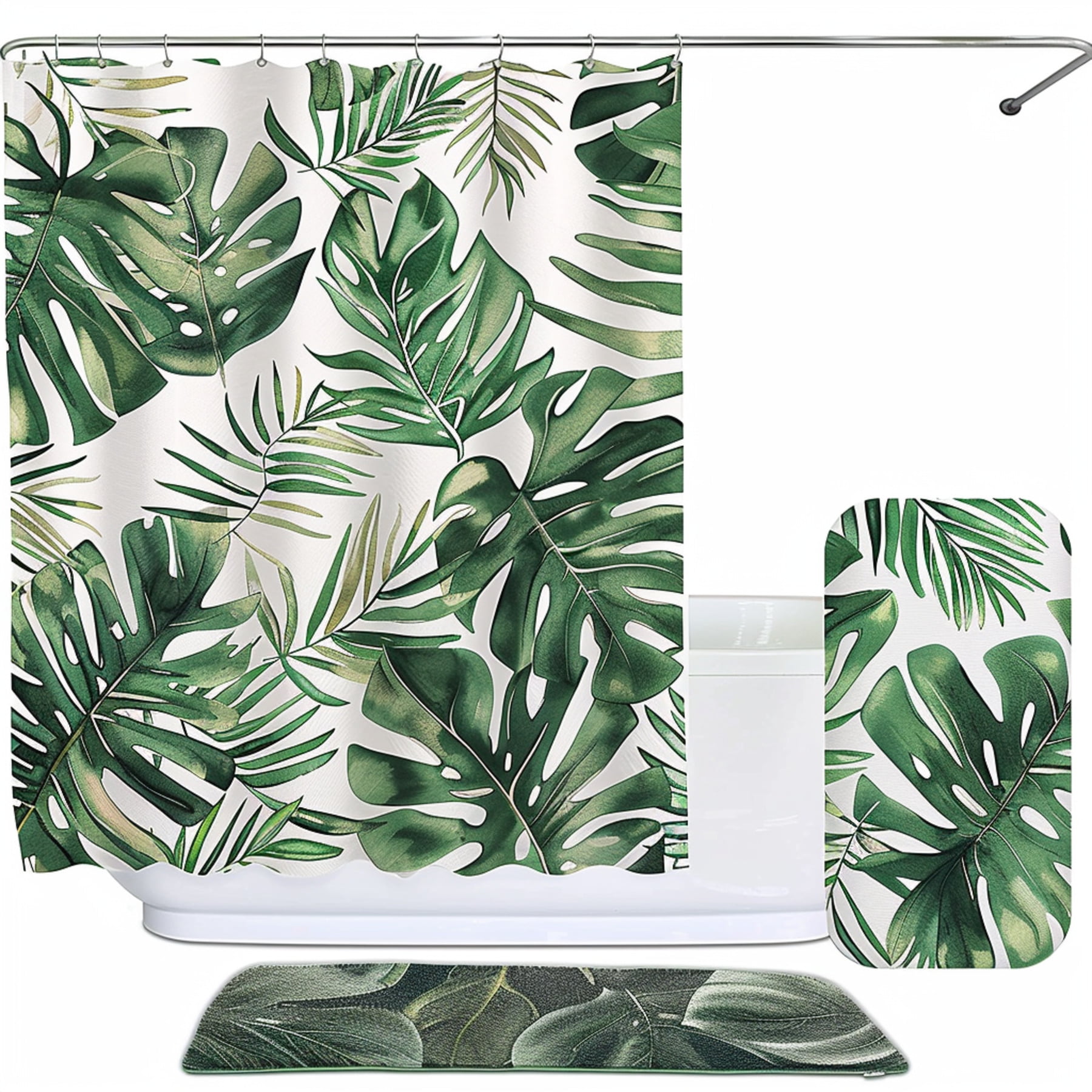 Tropical Leaves Jungle Print Shower Curtain White Background Bathroom