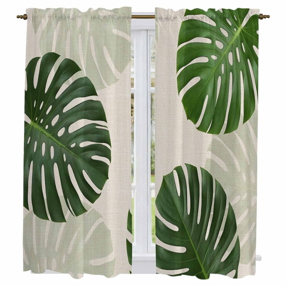 Tropical Leaves Kitchen Curtains 63 Inch Length, Summer Botanical Monstera Palm Leaf Tiers Curtains for Living Room Berdoom Bathroom, Light Filtering Drapes Window Treatment 2 Panels 42"Wx63"L