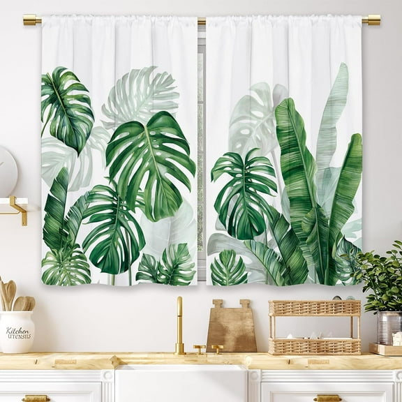 Tropical Leaves Kitchen Curtains Green Plant Summer Botanical Small Short Cafe Window Curtains Monstera Leaf Palm Tree Bathroom Window Drapes Treatment Tier Curtains 2 Panels (27.5x39 Inch)