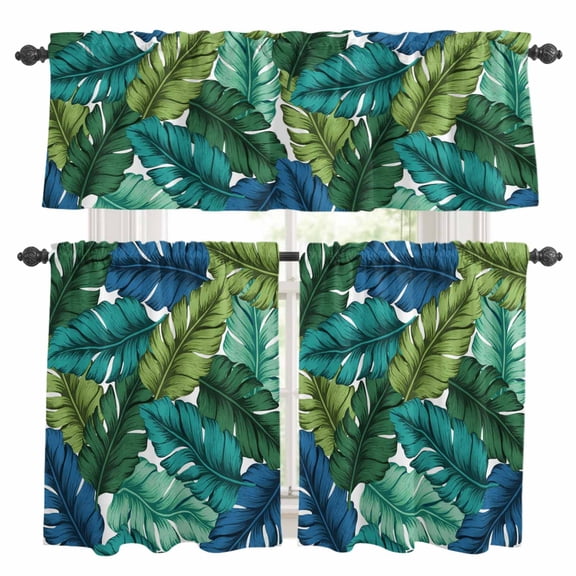 Tropical Leaves Kitchen Curtains Set for Windows, Leaf Pattern Lime Green Teal Blue Plants Curtains Valance and Tier 3 Piece Set Small Drapes 36 Inch Length for Kitchen Bedroom Decor