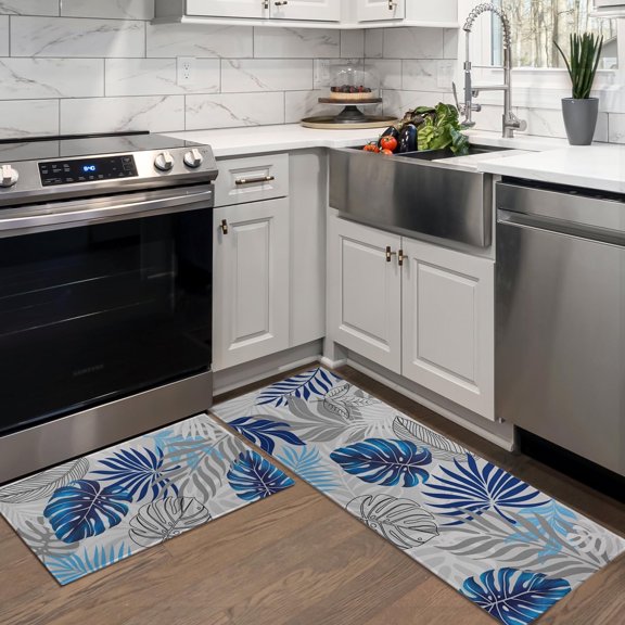 Tropical Leaves Kitchen Mats for Floor, Palm Leaf Grey White Blue Boho Kitchen Rugs Set of 2 Carpet Area Rug, Summer Abstract Leaves Modern Kitchen Decor and Accessories Stuff, 17x30 and 17x47 Inch