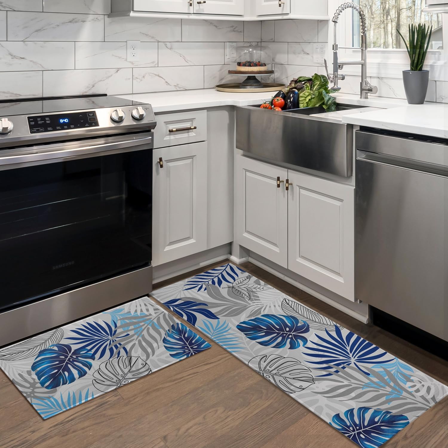 Tropical Leaves Kitchen Mats For Floor, Palm Leaf Grey White Blue Boho Kitchen Rugs Set Of 2 Carpet Area Rug, Summer Abstract Leaves Modern Kitchen Decor And Accessories Stuff, 17x30 And 17x47 - View #4