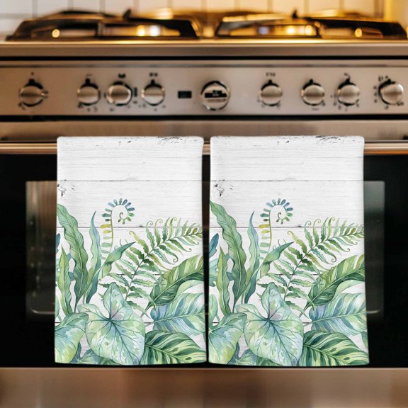 Tropical Leaves Kitchen Towels Set of 3, Green Monstera Palm Leaves Summer Wood Gray Absorbent Dish Towels for Kitchen, Microfiber Hand Towel, Quick Drying Tea Towel for Cleaning Dishcloths