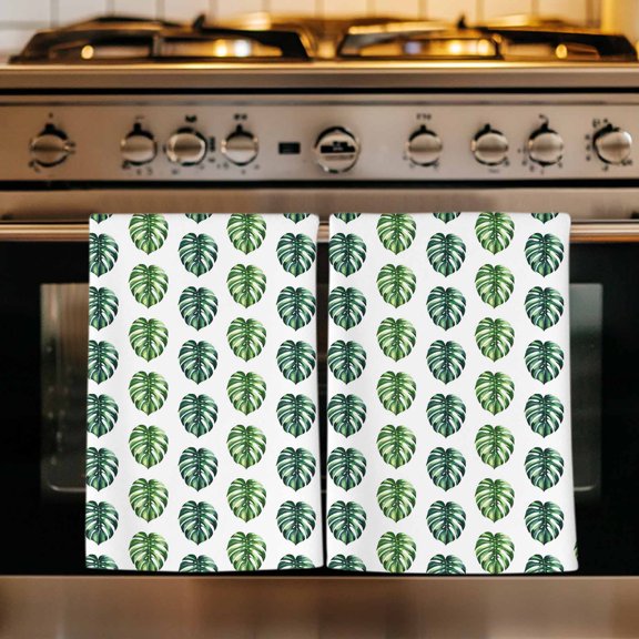 Tropical Leaves Kitchen Towels Set of 4, Boho Green Palm Monstera Leaf Botanical Absorbent Dish Towels for Kitchen, Microfiber Hand Towel, Quick Drying Tea Towel for Cleaning Decorative Dishcloths