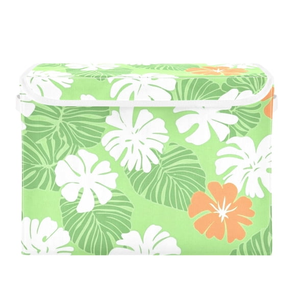 Tropical Leaves Large Storage Bins with Linen Collapsible Lid Storage Box 16.7 x 12.6 x 11.8in