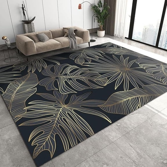 Tropical Leaves Lines Area Rugs, Gold Thread Banana Leaf Art Easy Clean Rug, Soft Non-Skid Carpet Throw Rug For Kids Teen Girls Boys Bedroom Living Room Bathroom Classroom Office 5x6ft