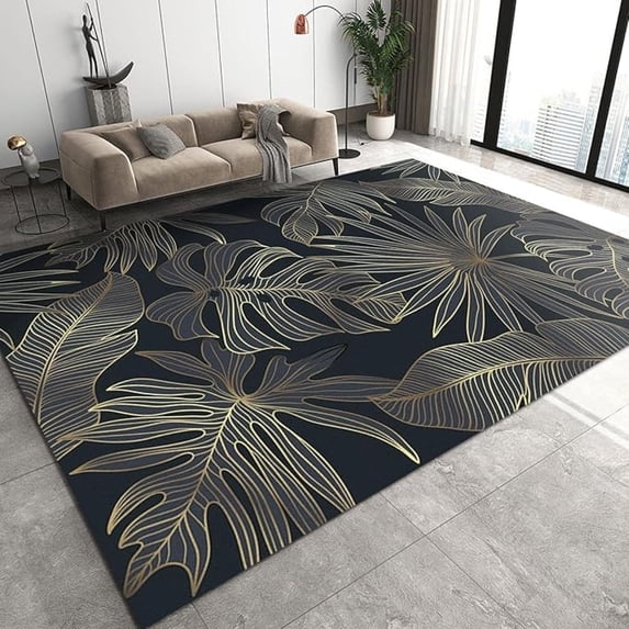 Tropical Leaves Lines Area Rugs, Gold Thread Banana Leaf Art Easy Clean Rug, Soft Non-Skid Carpet Throw Rug For Kids Teen Girls Boys Bedroom Living Room Bathroom Classroom Office 5x6ft