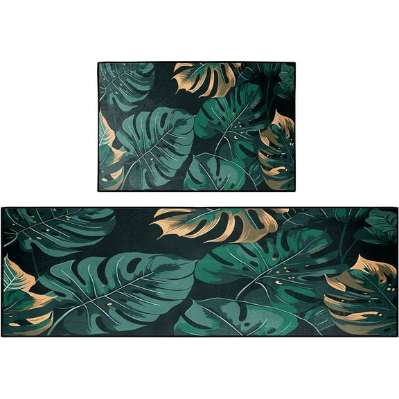 Tropical Leaves Monstera Kitchen Rugs and Mats Non Skid Washable Set of 2, Floral Summer Botanical Kitchen Runner Rug, Farmhouse Green Kitchen Floor Mat Under Sink Mat Throw Rug for Doormat