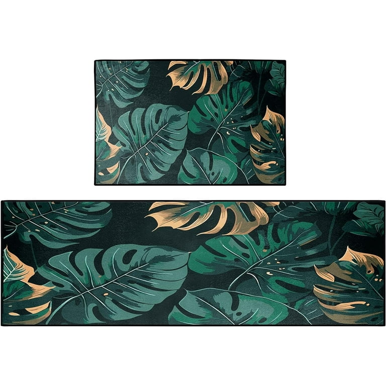 Tropical Leaves Monstera Kitchen Rugs and Mats Non Skid Washable Set of 2,  Floral Summer Botanical Kitchen Runner Rug, Farmhouse Green Kitchen Floor  Mat Under Sink Mat Throw Rug for Doormat -