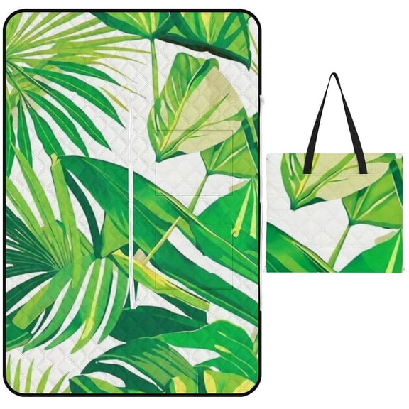 Tropical Leaves Outdoor Picnic Blanket, Foldable Waterproof Beach Mat, Portable Beach Blanket for Beach Camping, Hiking, Family Concerts