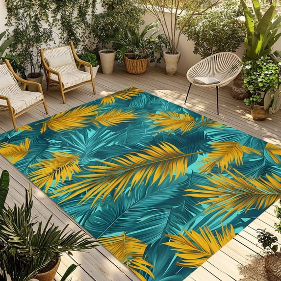 Tropical Leaves Outdoor Rug 5x7 Ft - Reversible Patio Rug Outdoor Camping Rugs, Retro Pastel Turquoise Gold Palm Plant Washable Indoor Outdoor Area Rugs, Non-Slip Outdoor Carpet Runner for Deck/Porch