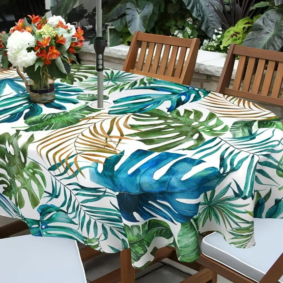 Tropical Leaves Outdoor Tablecloth with Umbrella Hole for Oval Table, Waterproof Green Leaf Patio Table Cloth with Zipper - 60 x 120 inches