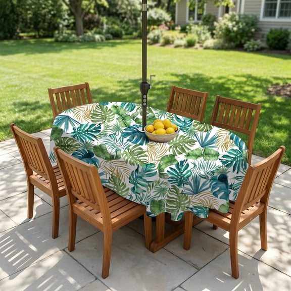 Tropical Leaves Outdoor Tablecloth with Umbrella Hole 60x84in, Waterproof Patio Table Cover with Zipper