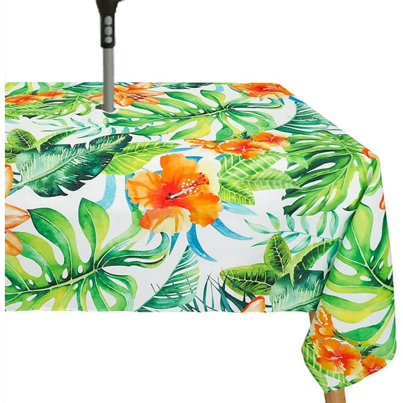 Tropical Leaves Outdoor Tablecloth with Umbrella Hole for Rectangle Table, Waterproof Green Leaf Patio Table Cloth with Zipper - 60 x 102 inches