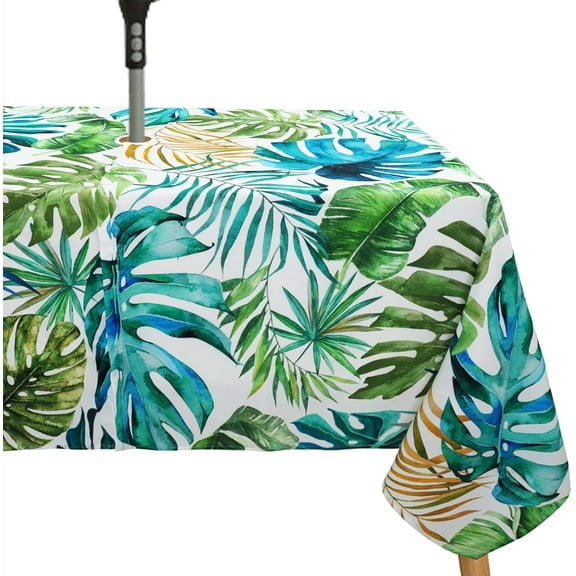 Tropical Leaves Outdoor Tablecloth with Umbrella Hole for Rectangle Table, Waterproof Green Leaf Patio Table Cloth with Zipper - 60 x 84 inches
