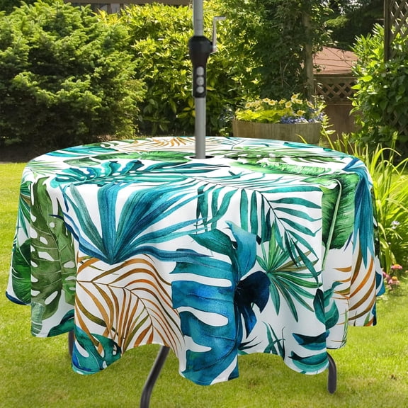 Tropical Leaves Outdoor Tablecloth with Umbrella Hole for Round Table, Waterproof Green Leaf Patio Table Cloth with Zipper - 60 x 60 inches