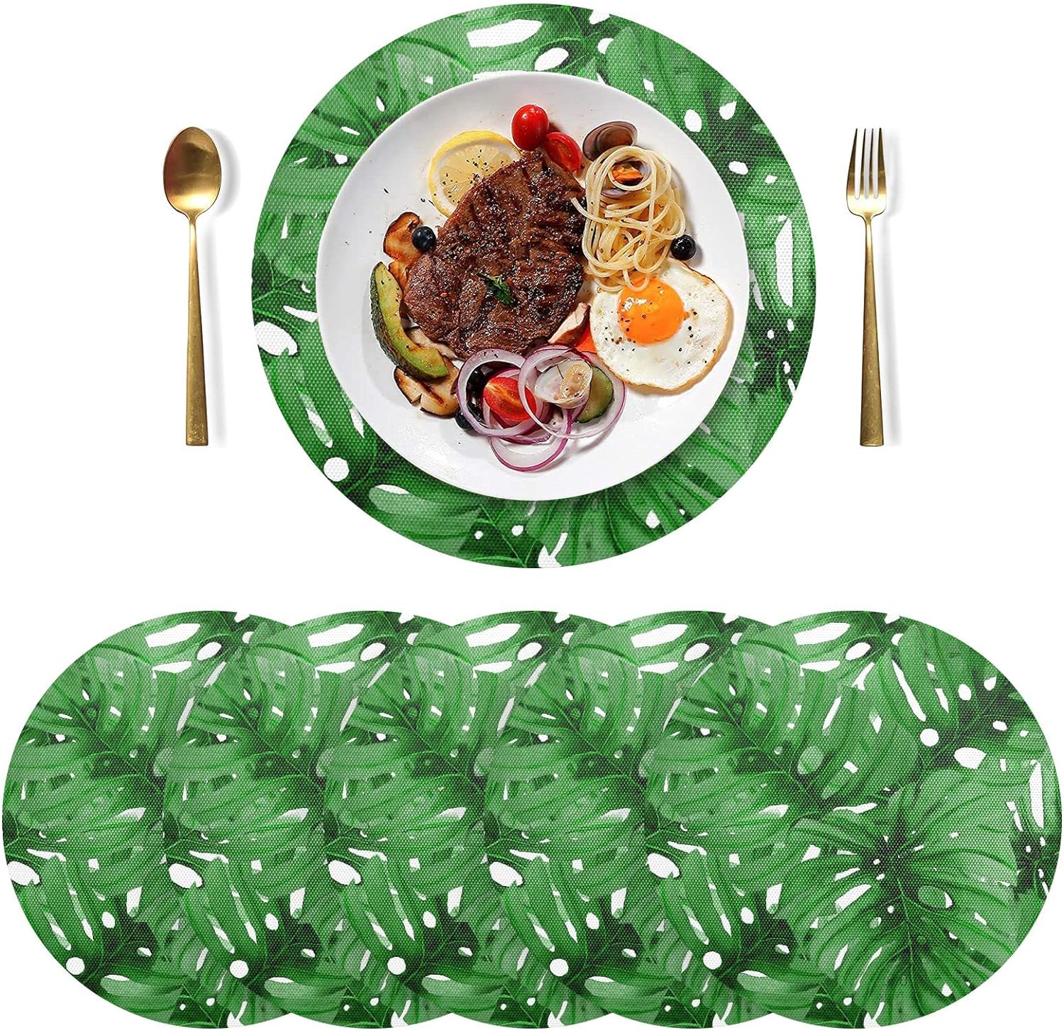 Tropical Leaves Palms Monstera Round Place Mats Set of 6, Heat Stain