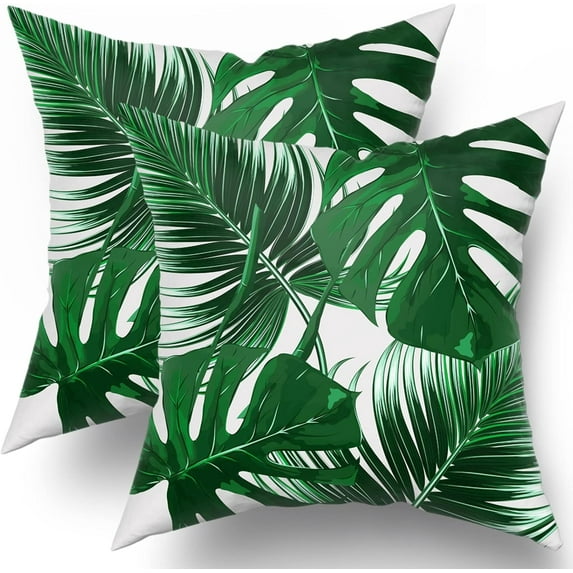 Tropical Leaves Pillow Covers 18x18 Set of 2 Monstera Palm Leaf Plant Print Green Colored Outdoor Throw Pillows Summer Hawaiian Style Decorative Square Cotton Cushion Case for Home Sofa Couch Bed