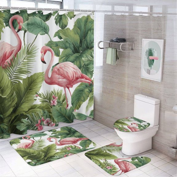 Tropical Leaves And Pink Flamingos 4 Piece Decor Shower Curtains Sets Bathroom Decor Set with Non-Slip Rugs Toilet Lid Cover And Bath Mat Paradise Wilderness Nature Waterproof Shower Curtain