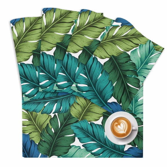 Tropical Leaves Placemats Set of 1 Leaf Pattern Lime Green Teal Blue Plants Place Mats Washable Table Mats for Party Kitchen Dining Decoration, 13 X 19 Inch