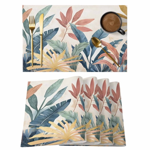 Tropical Leaves Placemats Set of 12 Colorful Summer Watercolor Botanical Place Mats Indoor Wipeable Table Mats Washable Cloth Dining Table Placemats for Kitchen Holiday Party Home Decor 13x19 Inch