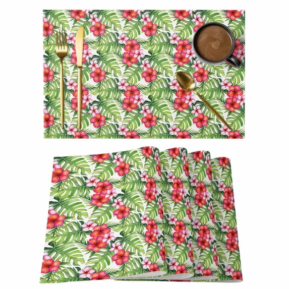 Tropical Leaves Placemats Set of 8 Summer Green Pink Flower Floral Place Mats Indoor Wipeable Table Mats Washable Cloth Dining Table Placemats for Kitchen Holiday Party Home Decor 13x19 Inch